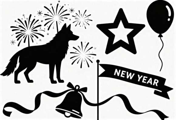 New Year Dog Silhouette Fireworks Bell
